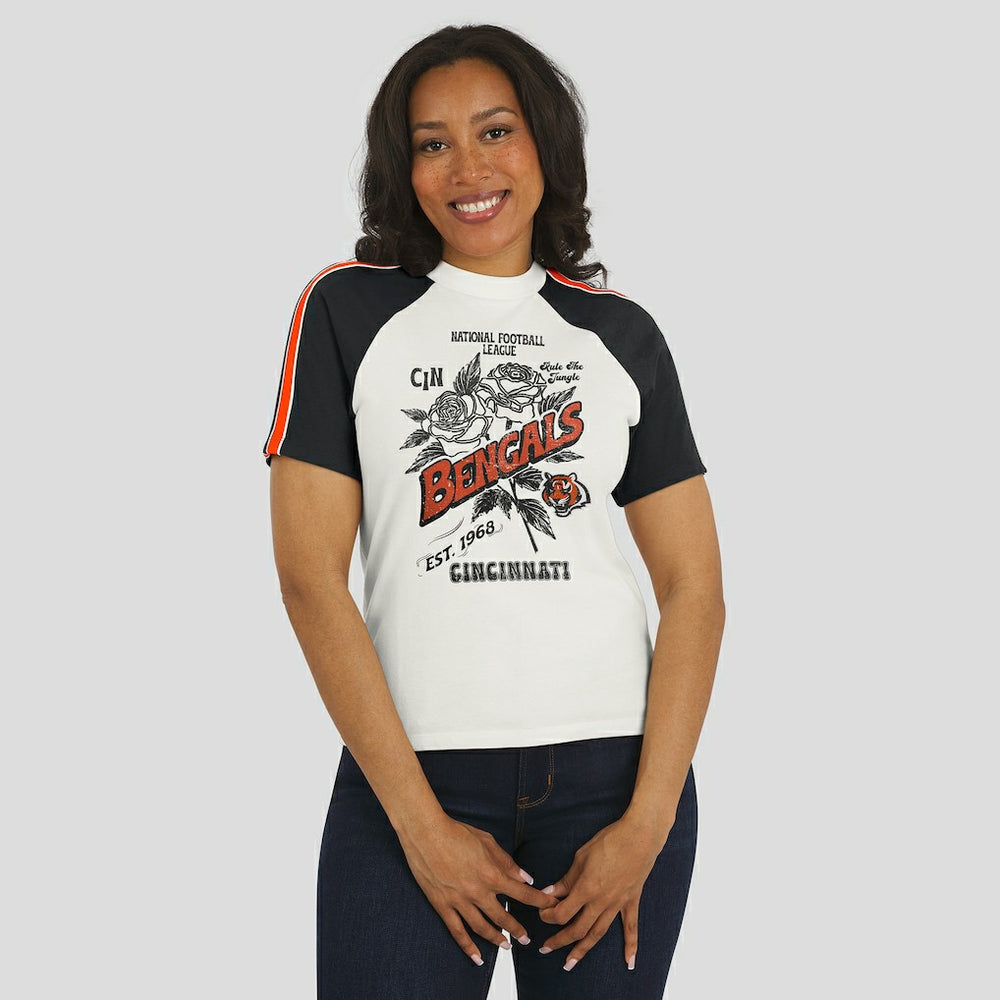 Cincinnati Bengals WEAR by Erin Andrews Women's Sleeve Stripe Distressed Raglan T-Shirt - White online