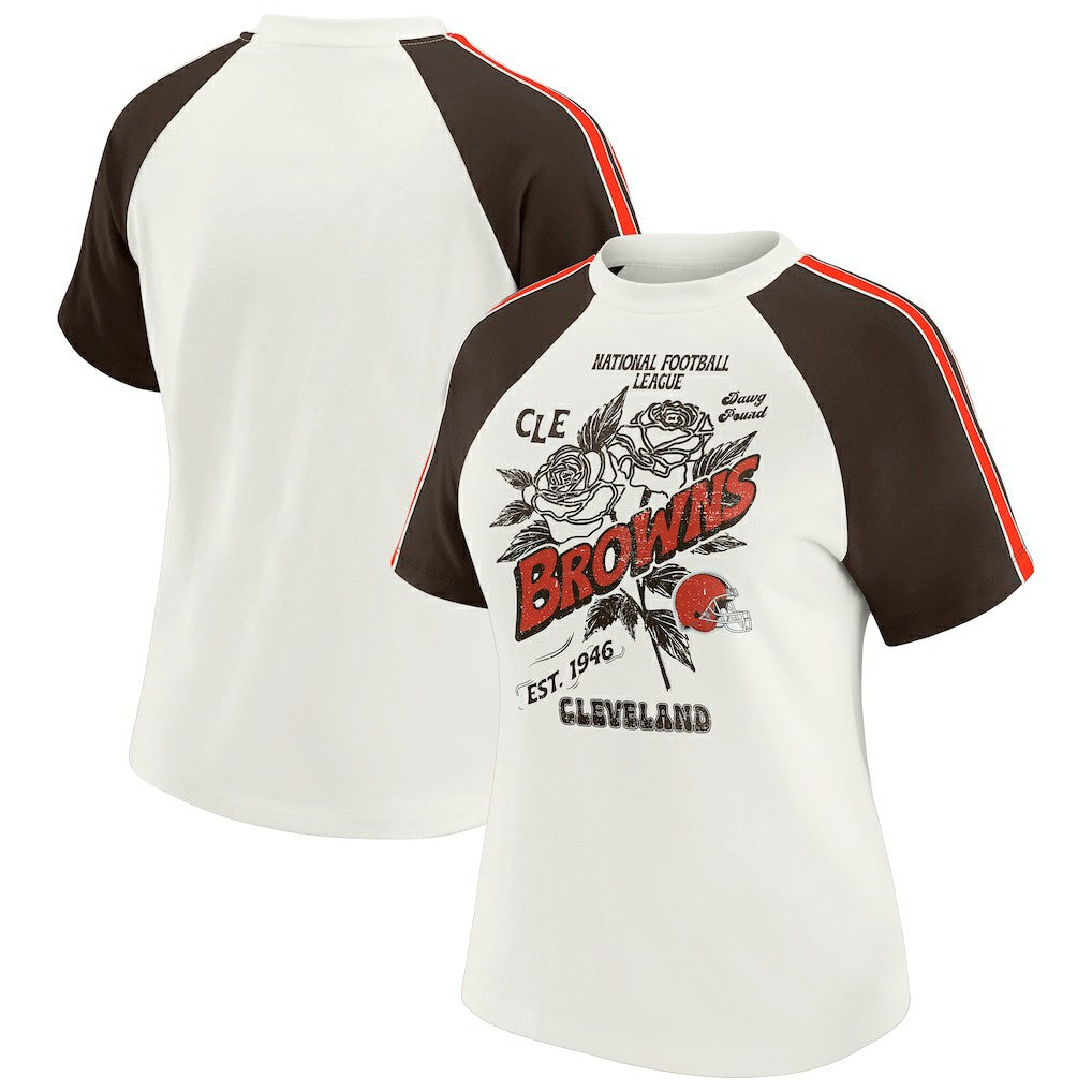 Cleveland Browns WEAR by Erin Andrews Women's Sleeve Stripe Distressed Raglan T-Shirt - White cheap
