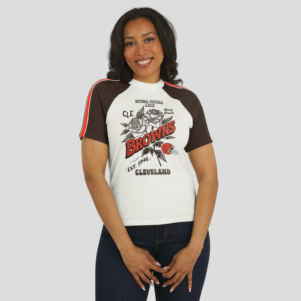 Cleveland Browns WEAR by Erin Andrews Women's Sleeve Stripe Distressed Raglan T-Shirt - White cheap