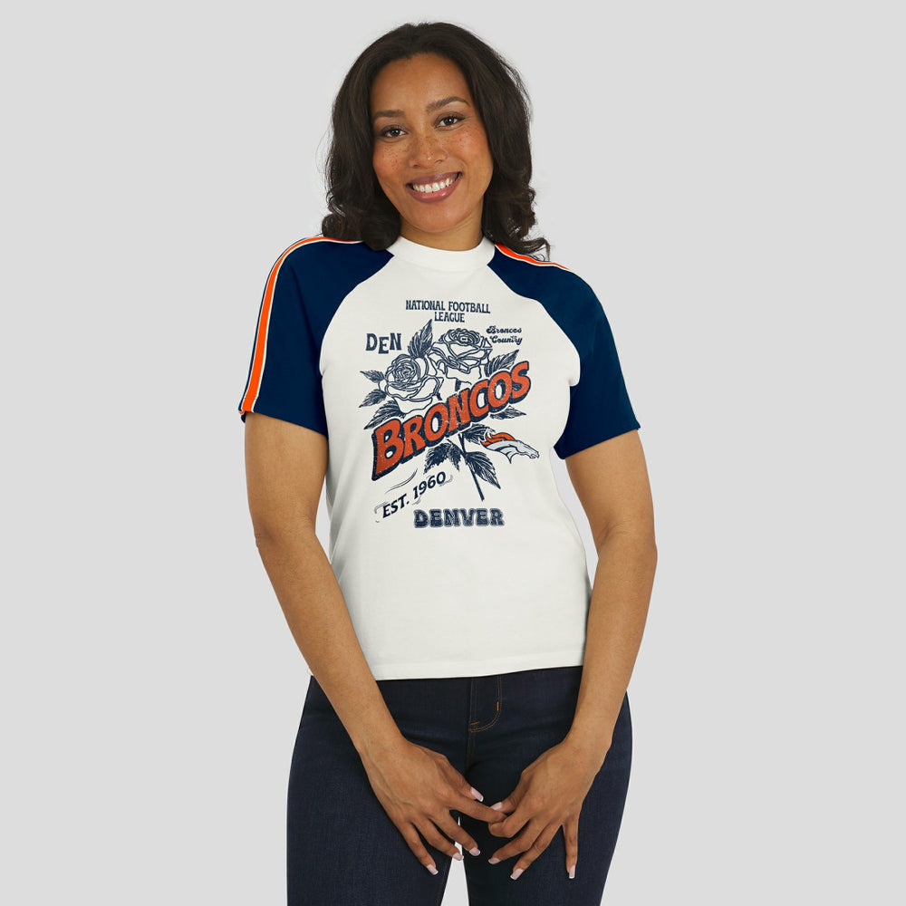 Denver Broncos WEAR by Erin Andrews Women's Sleeve Stripe Distressed Raglan T-Shirt - White for sale