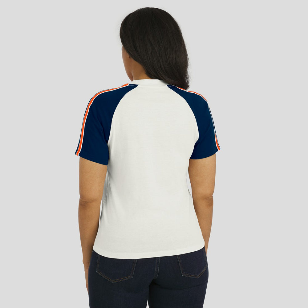 Denver Broncos WEAR by Erin Andrews Women's Sleeve Stripe Distressed Raglan T-Shirt - White for sale