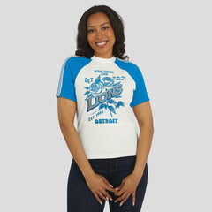 Detroit Lions WEAR by Erin Andrews Women's Sleeve Stripe Distressed Raglan T-Shirt - White for sale
