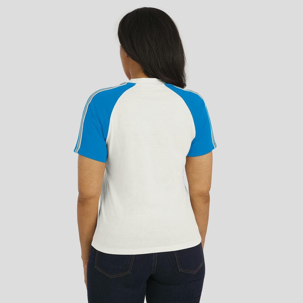 Detroit Lions WEAR by Erin Andrews Women's Sleeve Stripe Distressed Raglan T-Shirt - White for sale