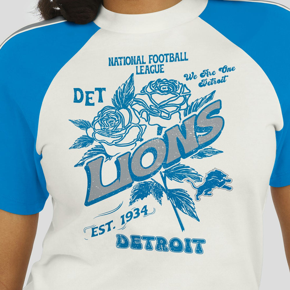 Detroit Lions WEAR by Erin Andrews Women's Sleeve Stripe Distressed Raglan T-Shirt - White for sale