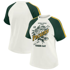 Green Bay Packers WEAR by Erin Andrews Women's Sleeve Stripe Distressed Raglan T-Shirt - White outlet