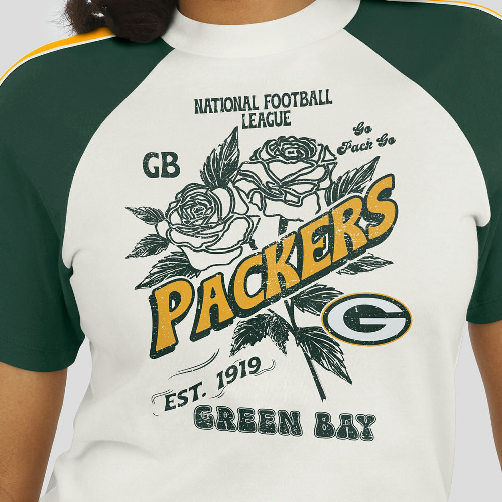 Green Bay Packers WEAR by Erin Andrews Women's Sleeve Stripe Distressed Raglan T-Shirt - White outlet