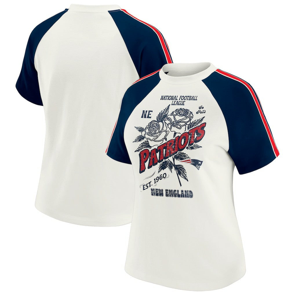 New England Patriots WEAR by Erin Andrews Women's Sleeve Stripe Distressed Raglan T-Shirt - White cheap