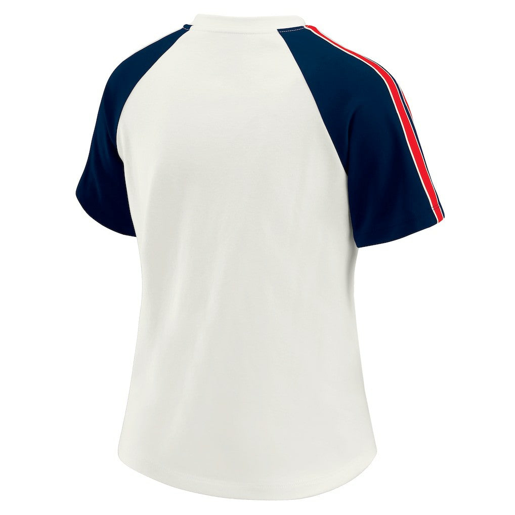 New England Patriots WEAR by Erin Andrews Women's Sleeve Stripe Distressed Raglan T-Shirt - White cheap