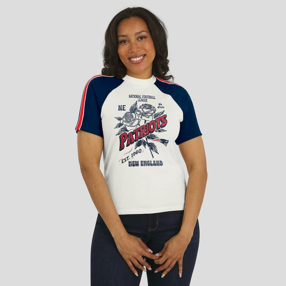 New England Patriots WEAR by Erin Andrews Women's Sleeve Stripe Distressed Raglan T-Shirt - White cheap