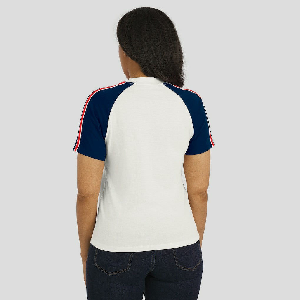 New England Patriots WEAR by Erin Andrews Women's Sleeve Stripe Distressed Raglan T-Shirt - White cheap