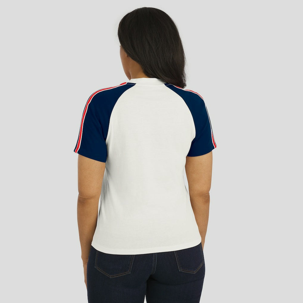 New England Patriots WEAR by Erin Andrews Women's Sleeve Stripe Distressed Raglan T-Shirt - White cheap