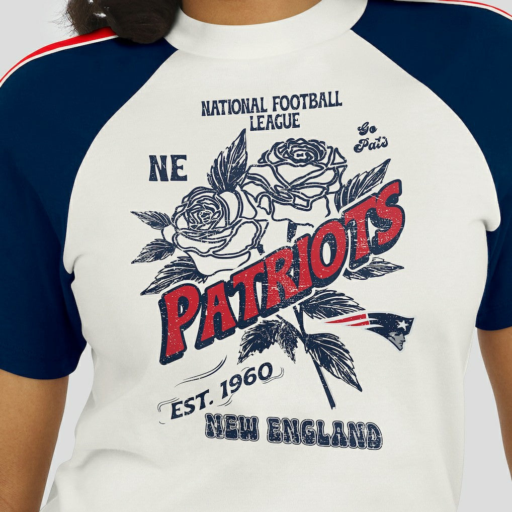 New England Patriots WEAR by Erin Andrews Women's Sleeve Stripe Distressed Raglan T-Shirt - White cheap