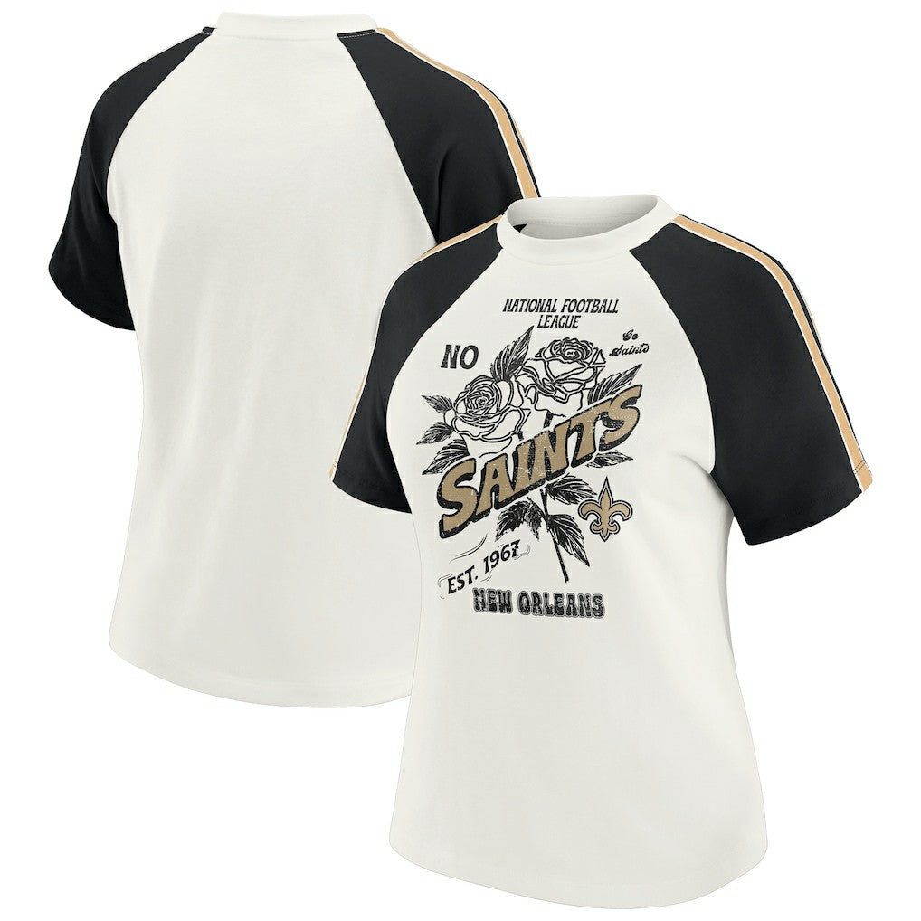 New Orleans Saints WEAR by Erin Andrews Women's Sleeve Stripe Distressed Raglan T-Shirt - White for sale