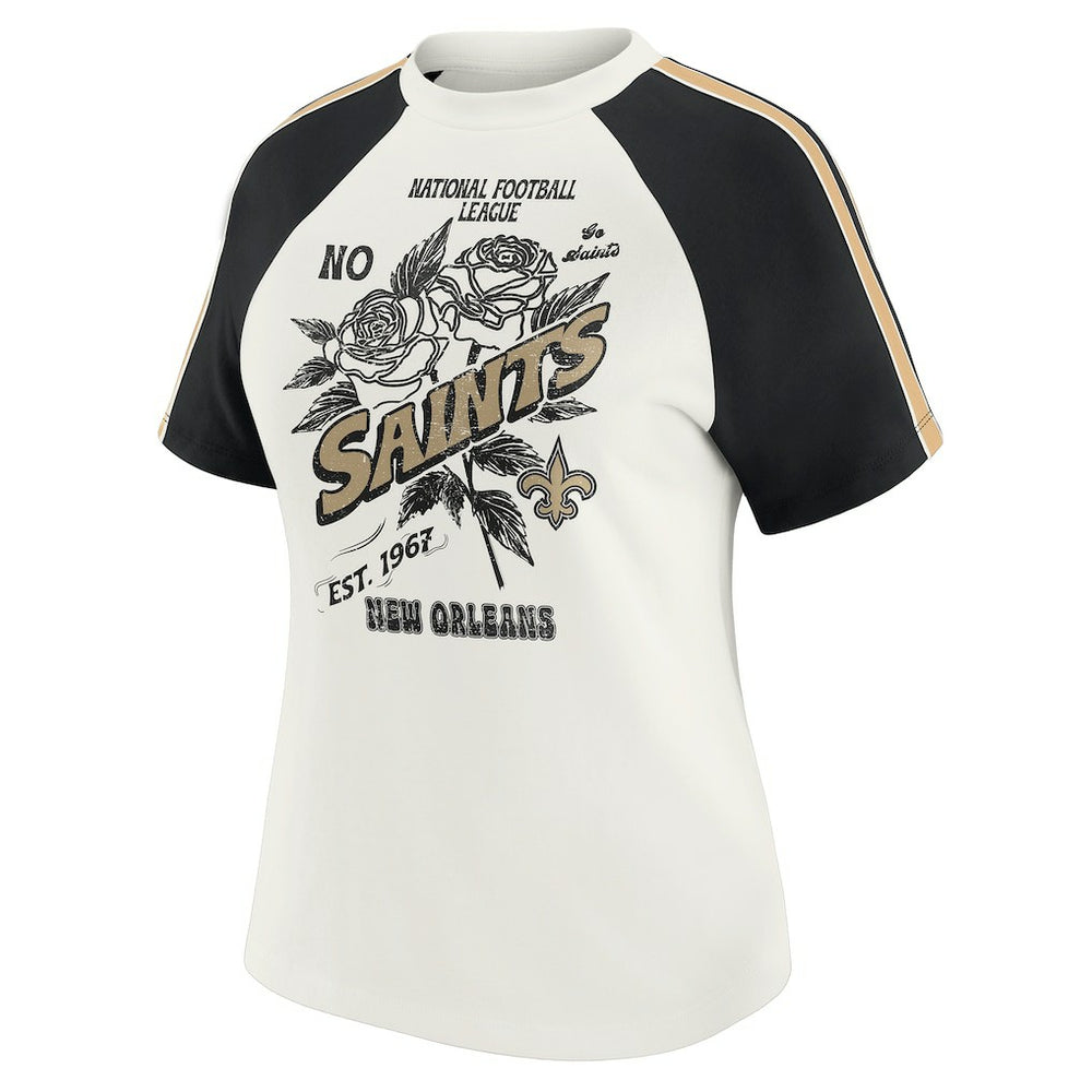 New Orleans Saints WEAR by Erin Andrews Women's Sleeve Stripe Distressed Raglan T-Shirt - White for sale