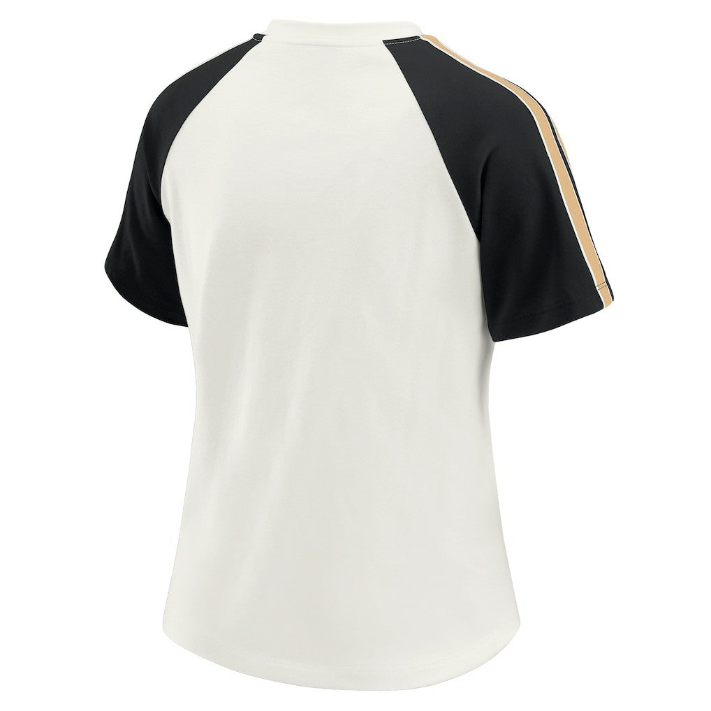 New Orleans Saints WEAR by Erin Andrews Women's Sleeve Stripe Distressed Raglan T-Shirt - White for sale