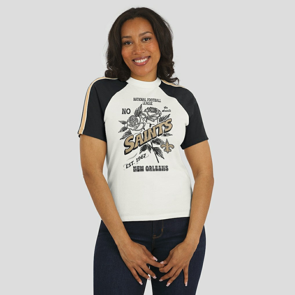 New Orleans Saints WEAR by Erin Andrews Women's Sleeve Stripe Distressed Raglan T-Shirt - White for sale