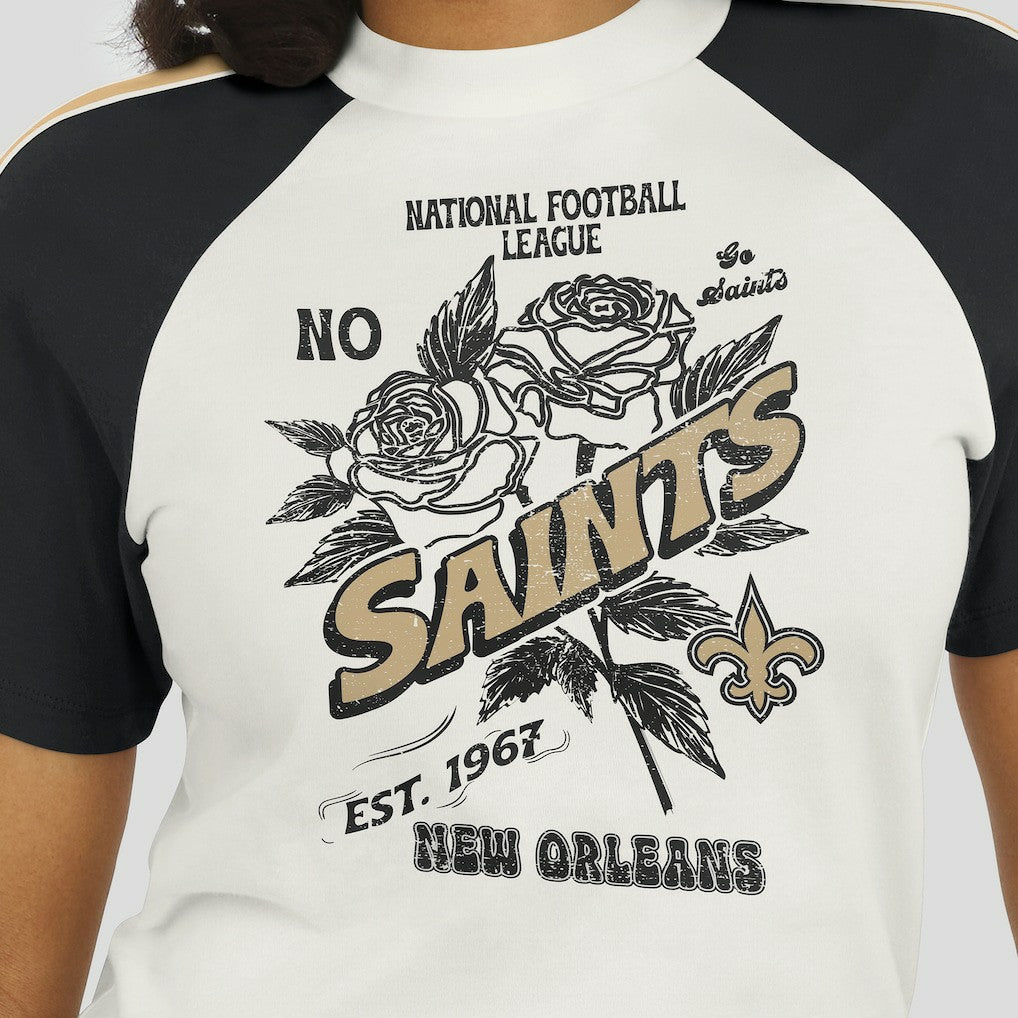 New Orleans Saints WEAR by Erin Andrews Women's Sleeve Stripe Distressed Raglan T-Shirt - White for sale