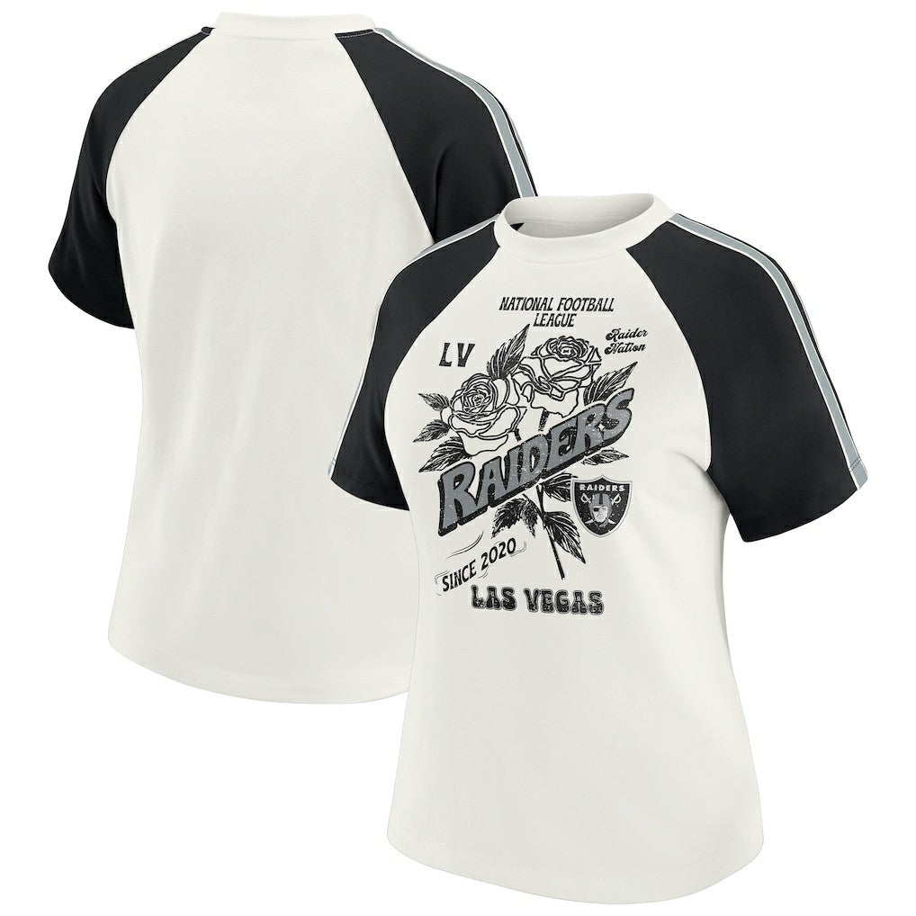 Las Vegas Raiders WEAR by Erin Andrews Women's Sleeve Stripe Distressed Raglan T-Shirt - White for sale