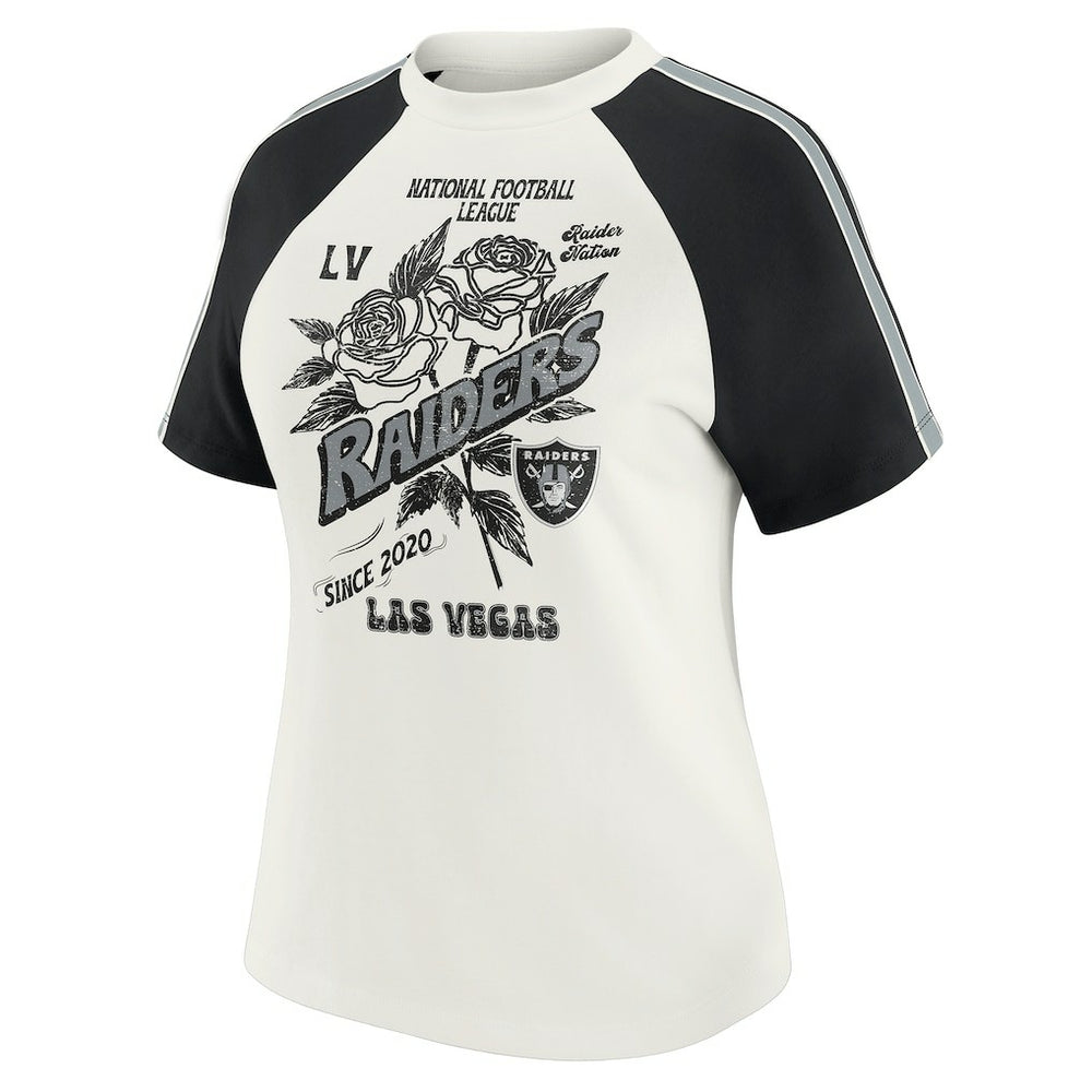 Las Vegas Raiders WEAR by Erin Andrews Women's Sleeve Stripe Distressed Raglan T-Shirt - White for sale
