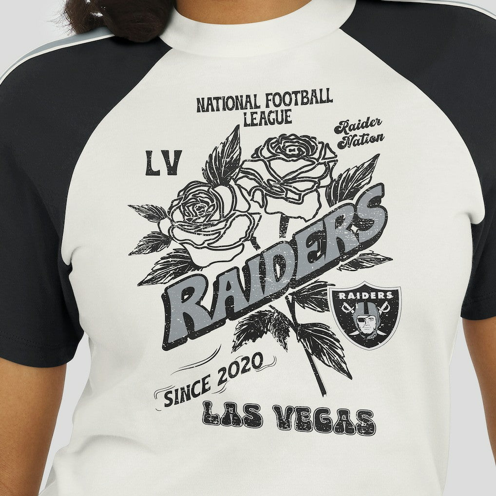 Las Vegas Raiders WEAR by Erin Andrews Women's Sleeve Stripe Distressed Raglan T-Shirt - White for sale