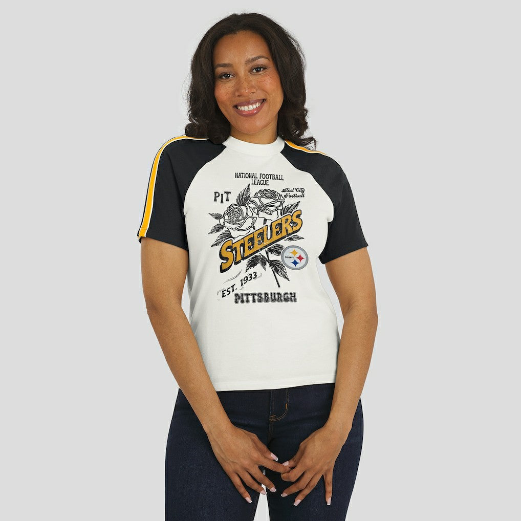 Pittsburgh Steelers WEAR by Erin Andrews Women's Sleeve Stripe Distressed Raglan T-Shirt - White outlet
