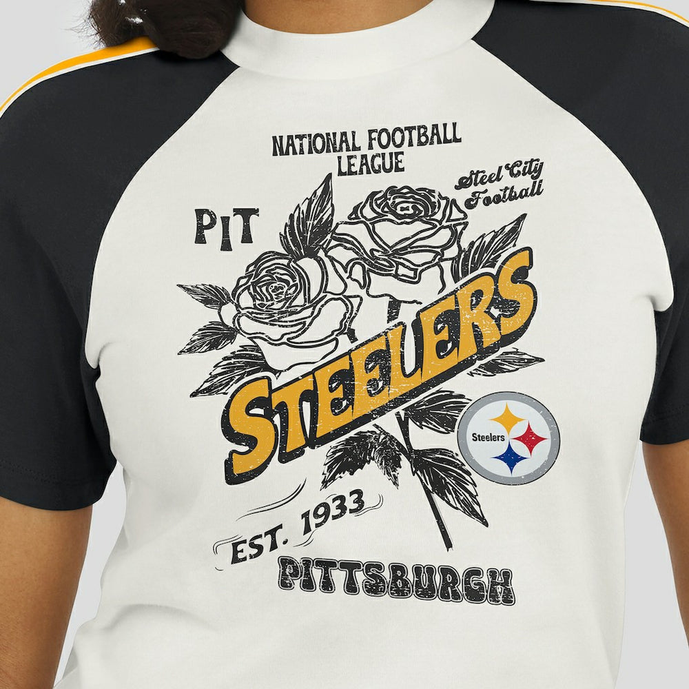 Pittsburgh Steelers WEAR by Erin Andrews Women's Sleeve Stripe Distressed Raglan T-Shirt - White outlet