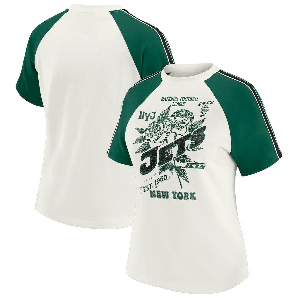 New York Jets WEAR by Erin Andrews Women's Sleeve Stripe Distressed Raglan T-Shirt - White online