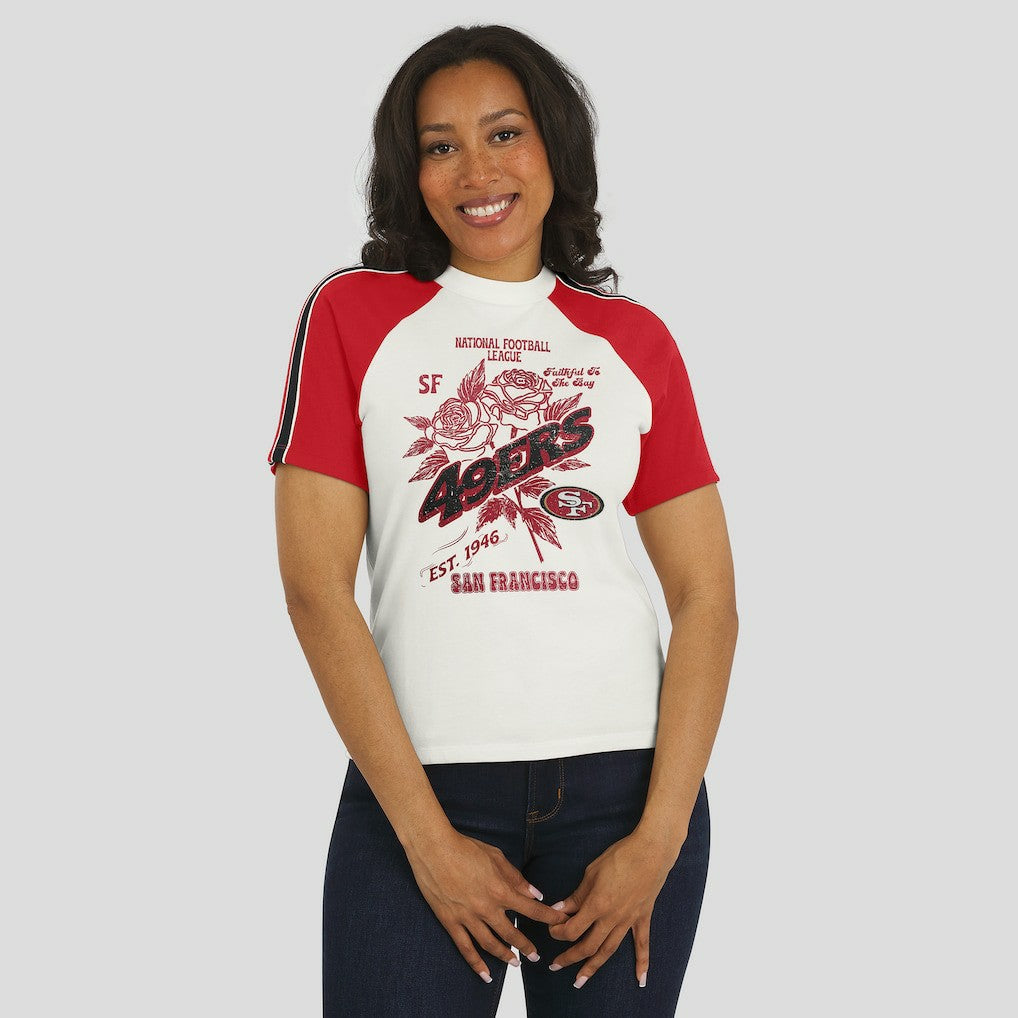 San Francisco 49ers WEAR by Erin Andrews Women's Sleeve Stripe Distressed Raglan T-Shirt - White outlet