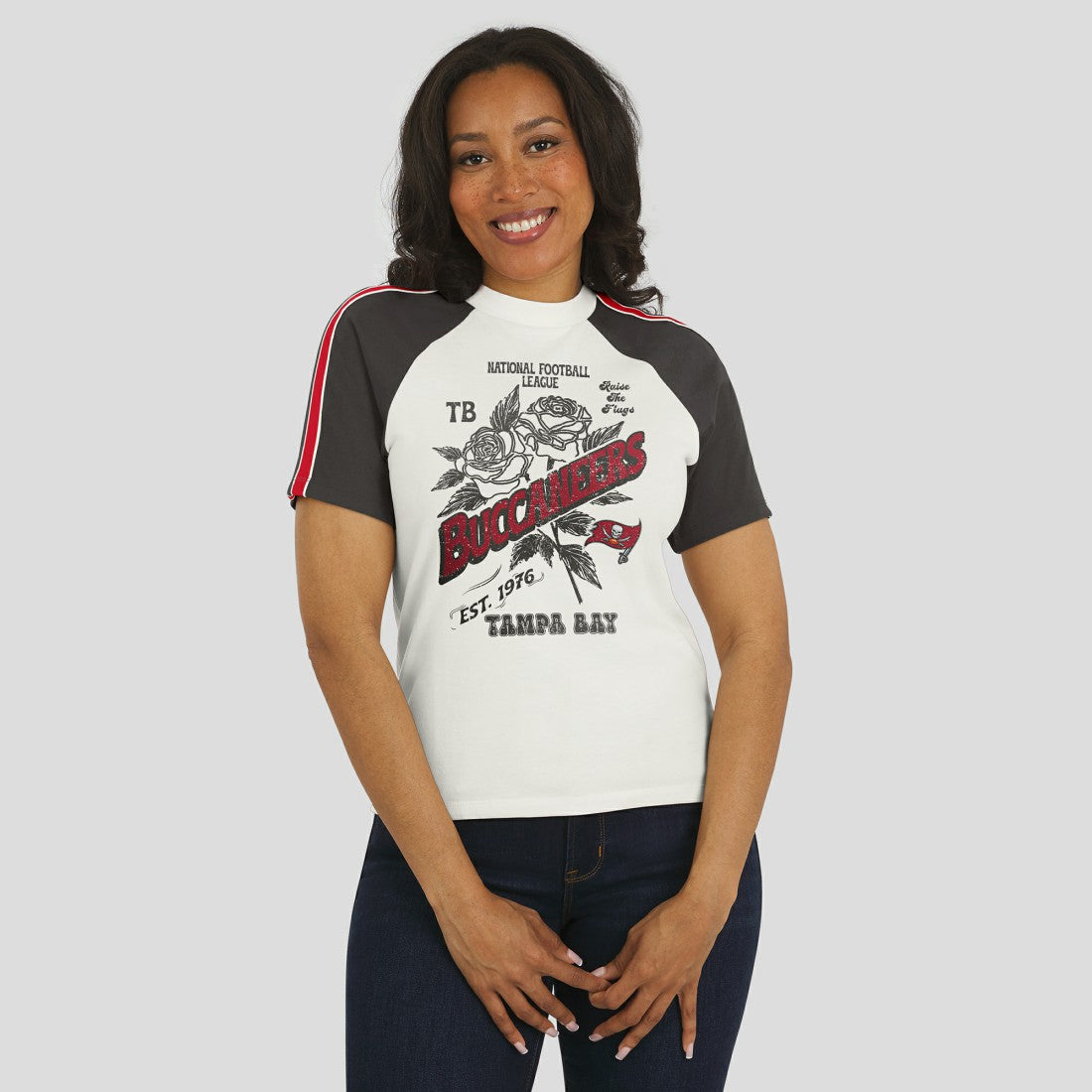 Tampa Bay Buccaneers WEAR by Erin Andrews Women's Sleeve Stripe Distressed Raglan T-Shirt - White outlet