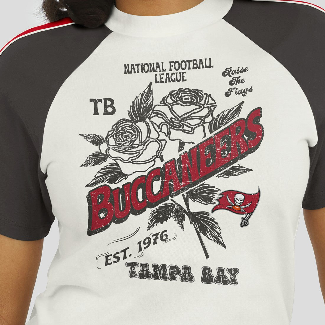Tampa Bay Buccaneers WEAR by Erin Andrews Women's Sleeve Stripe Distressed Raglan T-Shirt - White outlet