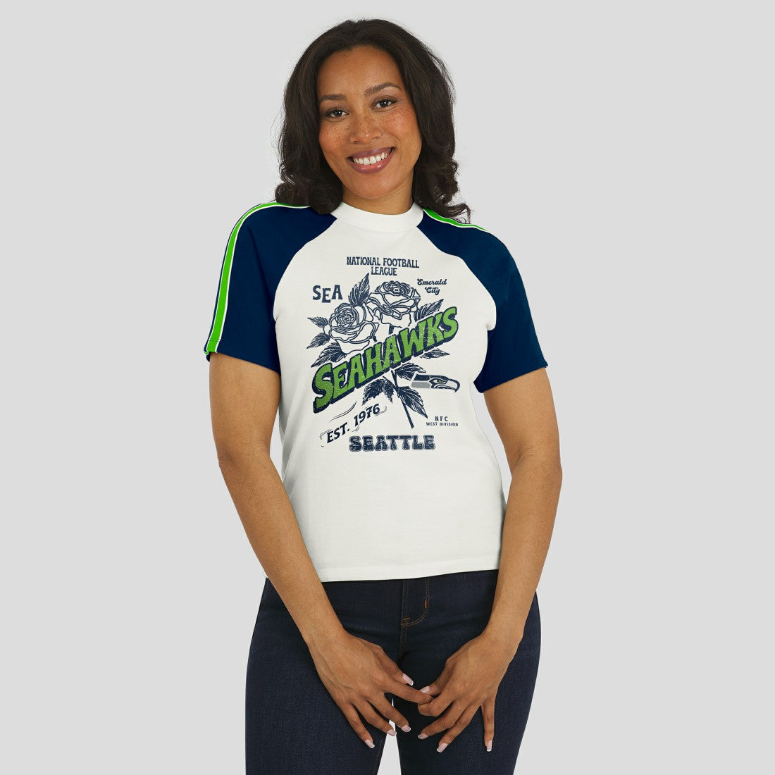 Seattle Seahawks WEAR by Erin Andrews Women's Sleeve Stripe Distressed Raglan T-Shirt - White for sale