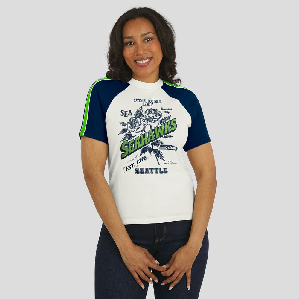 Seattle Seahawks WEAR by Erin Andrews Women's Sleeve Stripe Distressed Raglan T-Shirt - White for sale