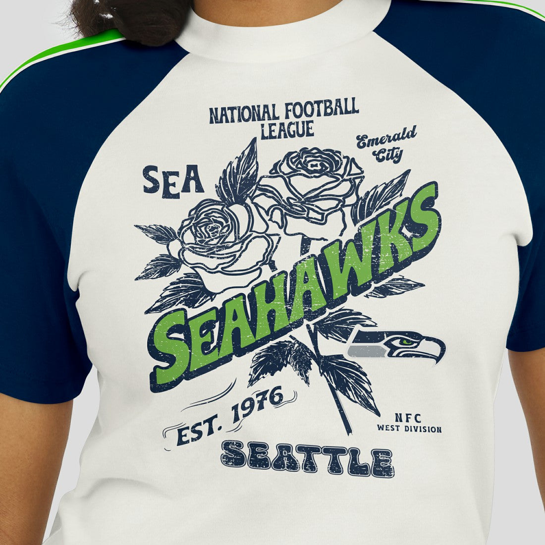 Seattle Seahawks WEAR by Erin Andrews Women's Sleeve Stripe Distressed Raglan T-Shirt - White for sale