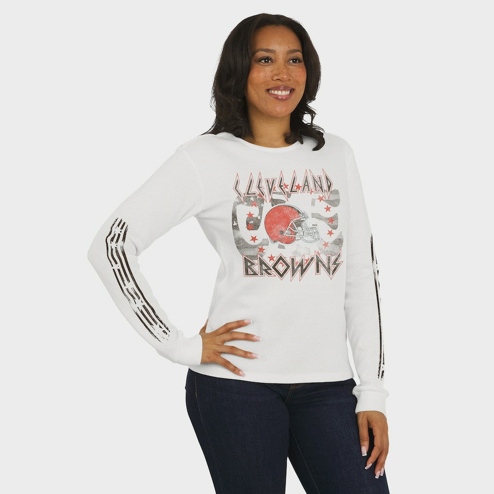 Cleveland Browns WEAR by Erin Andrews Women's Graphic Waffle Long-Sleeve T-Shirt - White discount