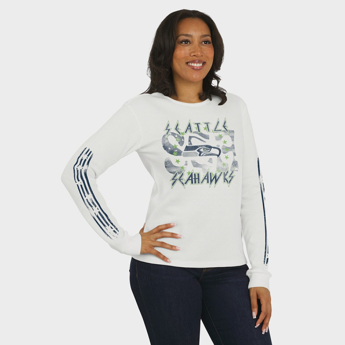 Seattle Seahawks WEAR by Erin Andrews Women's Graphic Waffle Long-Sleeve T-Shirt - White sale
