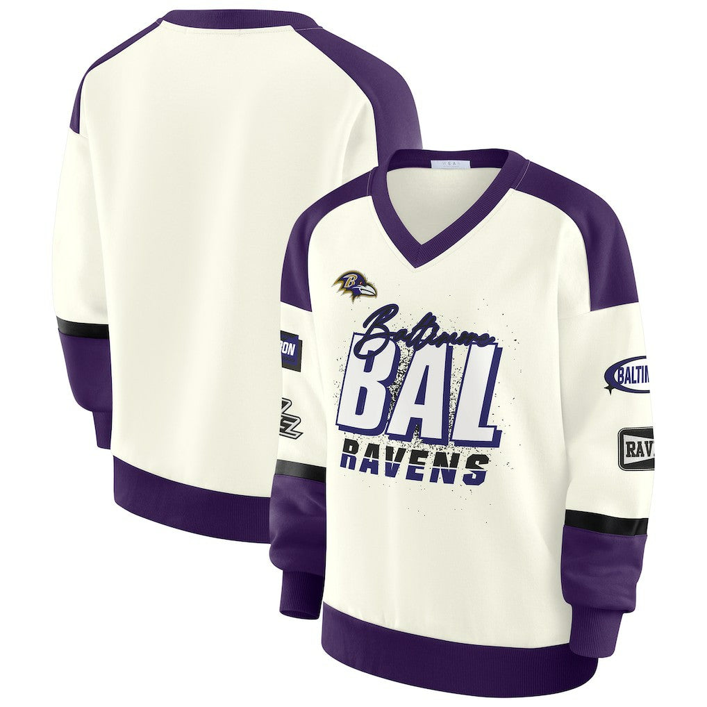 Baltimore Ravens WEAR by Erin Andrews Women's Racing Crew V-Neck Sweatshirt - Cream cheap