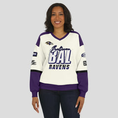 Baltimore Ravens WEAR by Erin Andrews Women's Racing Crew V-Neck Sweatshirt - Cream cheap