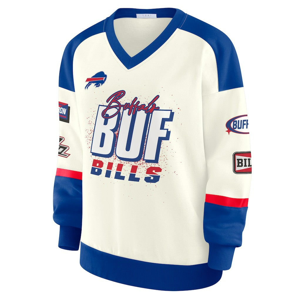 Buffalo Bills WEAR by Erin Andrews Women's Racing Crew V-Neck Sweatshirt - Cream outlet