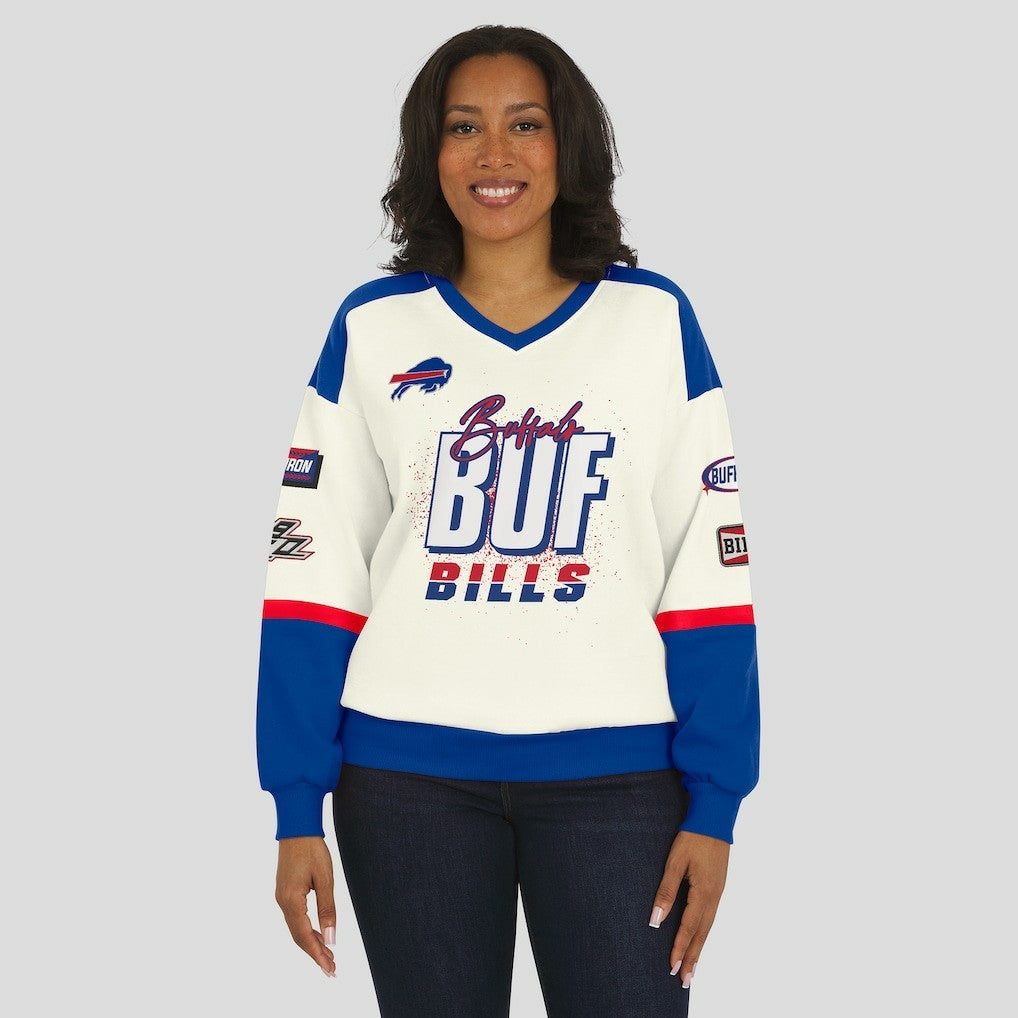 Buffalo Bills WEAR by Erin Andrews Women's Racing Crew V-Neck Sweatshirt - Cream outlet
