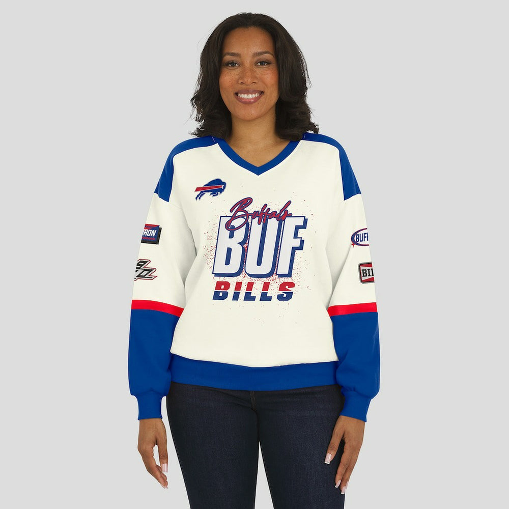 Buffalo Bills WEAR by Erin Andrews Women's Racing Crew V-Neck Sweatshirt - Cream outlet