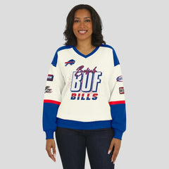 Buffalo Bills WEAR by Erin Andrews Women's Racing Crew V-Neck Sweatshirt - Cream outlet