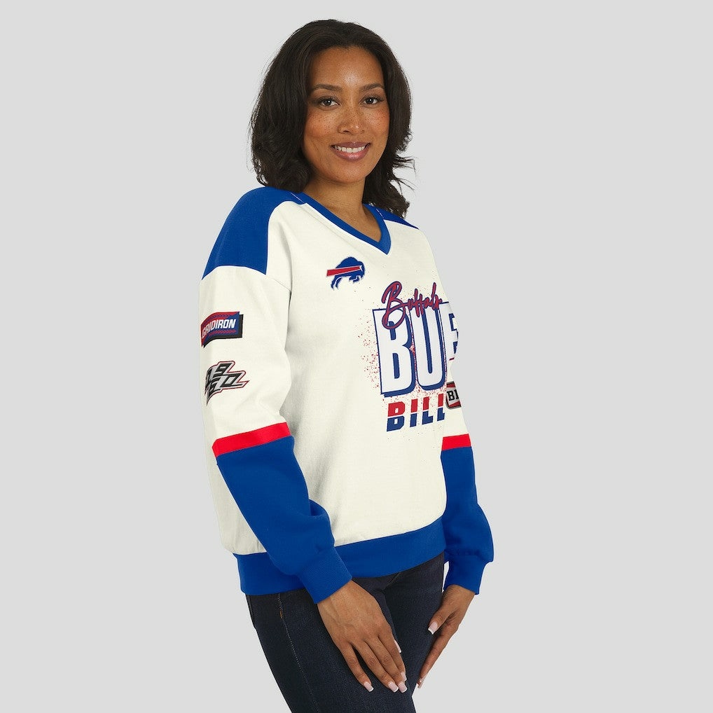 Buffalo Bills WEAR by Erin Andrews Women's Racing Crew V-Neck Sweatshirt - Cream outlet