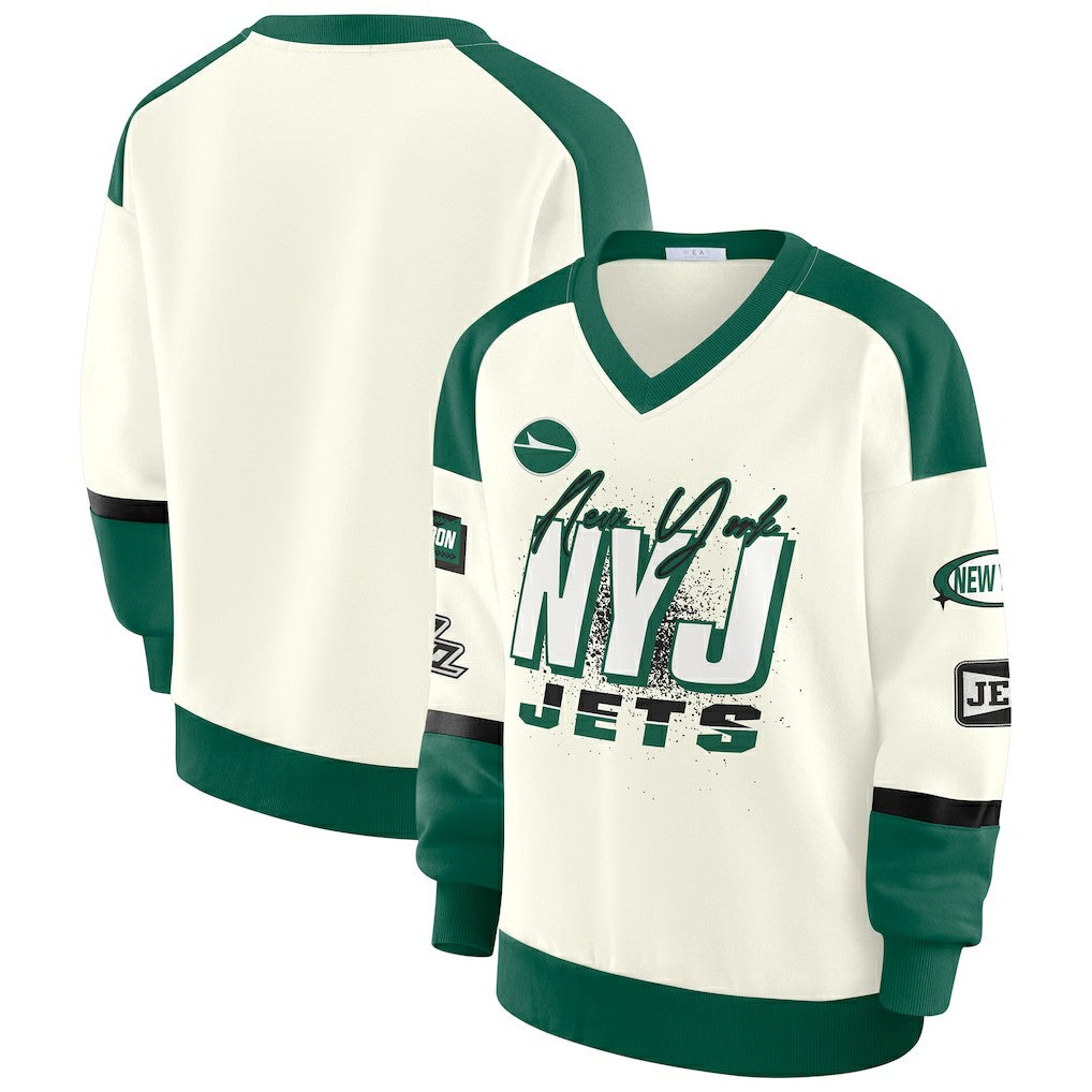 New York Jets WEAR by Erin Andrews Women's Racing Crew V-Neck Sweatshirt - Cream sale