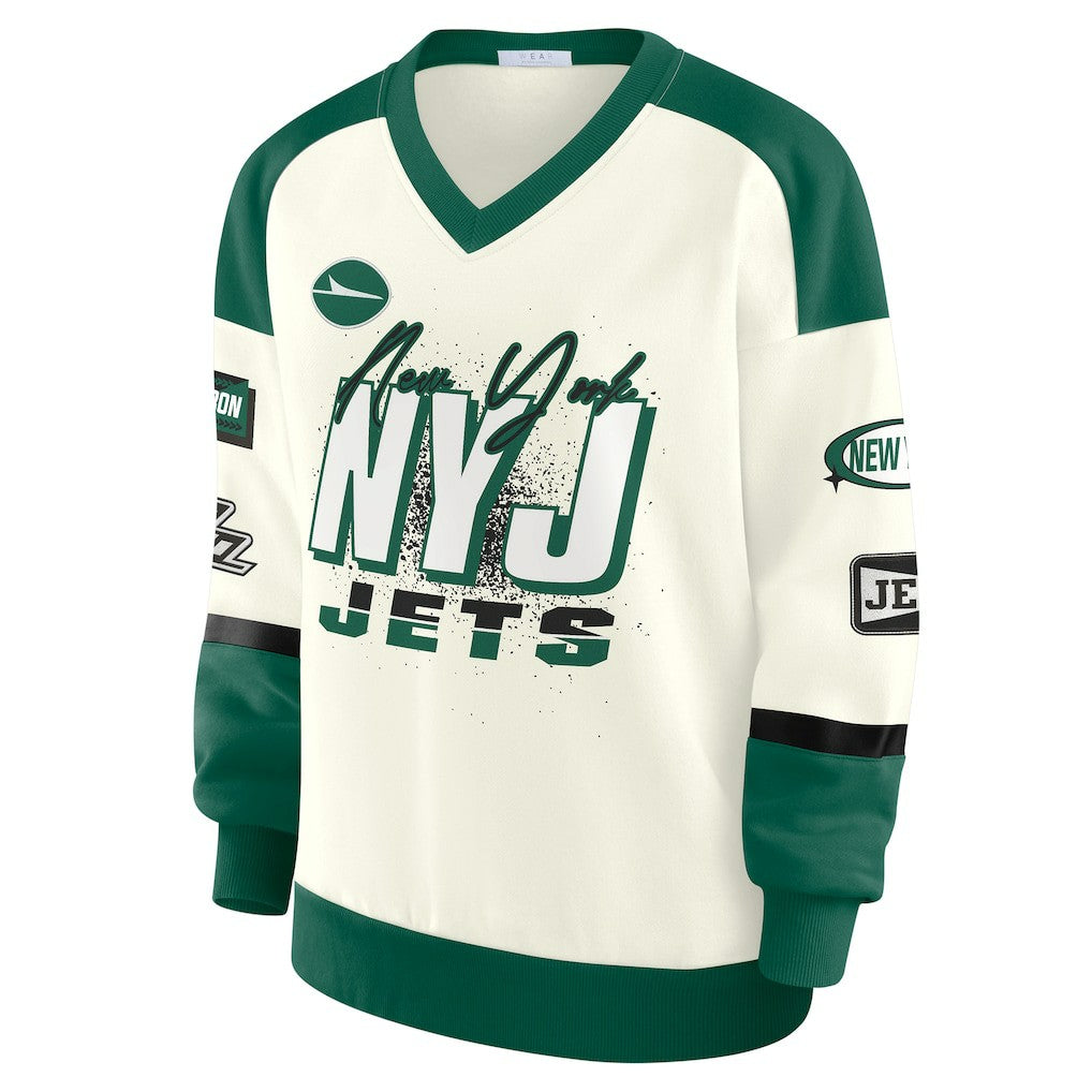 New York Jets WEAR by Erin Andrews Women's Racing Crew V-Neck Sweatshirt - Cream sale