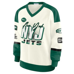 New York Jets WEAR by Erin Andrews Women's Racing Crew V-Neck Sweatshirt - Cream sale