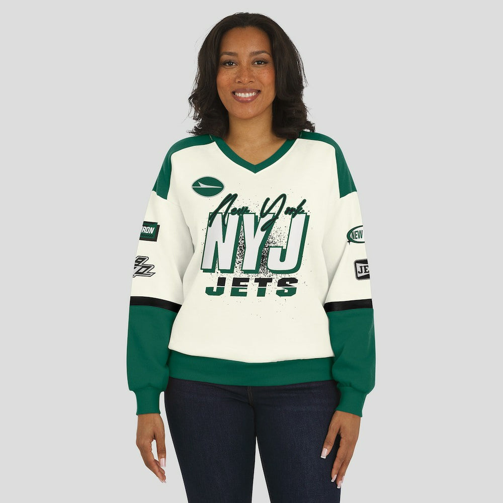 New York Jets WEAR by Erin Andrews Women's Racing Crew V-Neck Sweatshirt - Cream sale