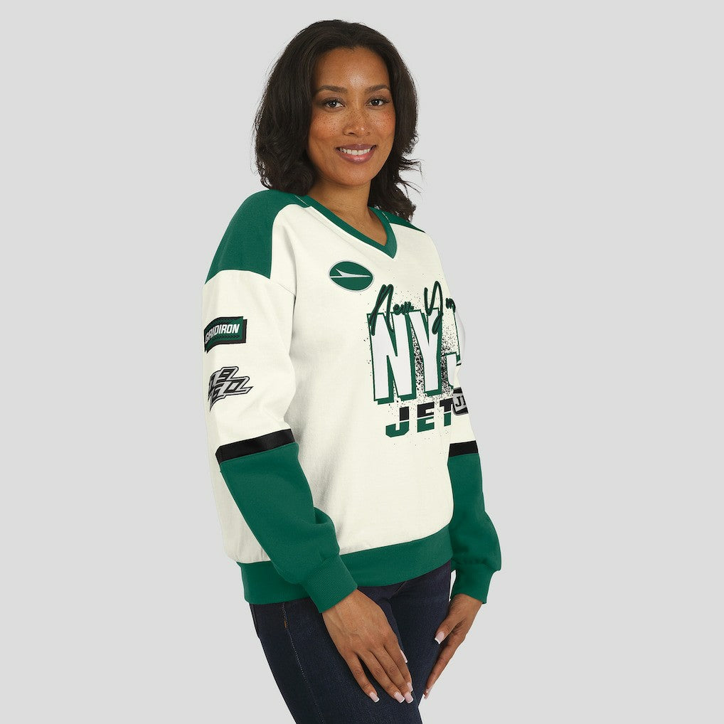 New York Jets WEAR by Erin Andrews Women's Racing Crew V-Neck Sweatshirt - Cream sale