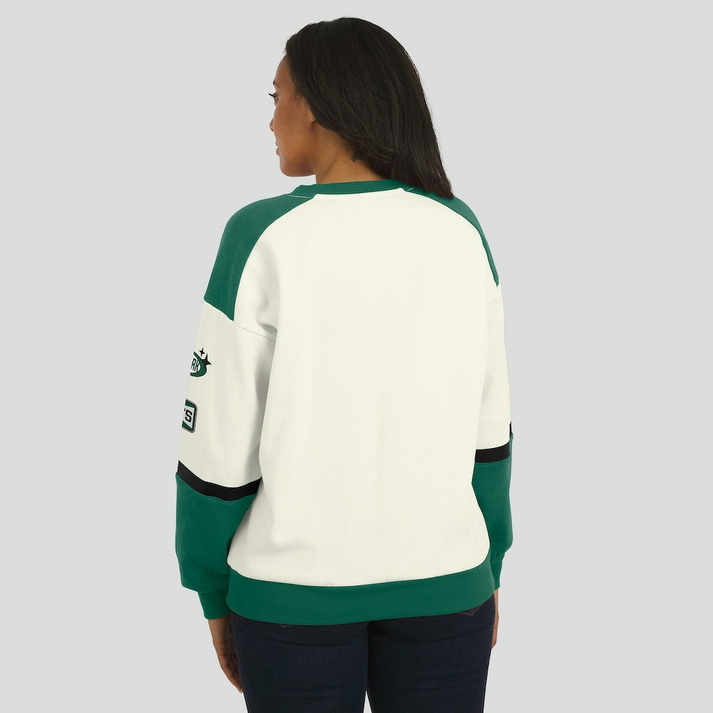 New York Jets WEAR by Erin Andrews Women's Racing Crew V-Neck Sweatshirt - Cream sale