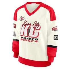 Kansas City Chiefs WEAR by Erin Andrews Women's Racing Crew V-Neck Sweatshirt - Cream discount
