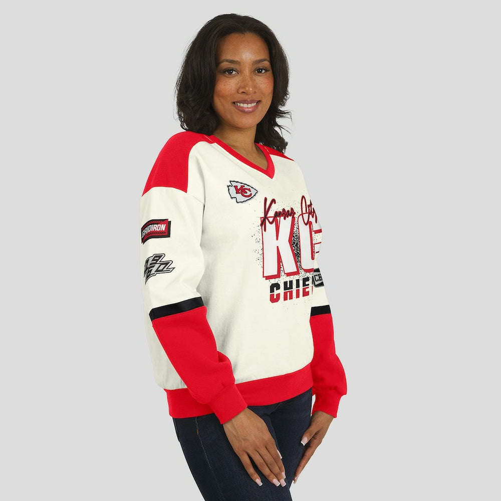 Kansas City Chiefs WEAR by Erin Andrews Women's Racing Crew V-Neck Sweatshirt - Cream discount